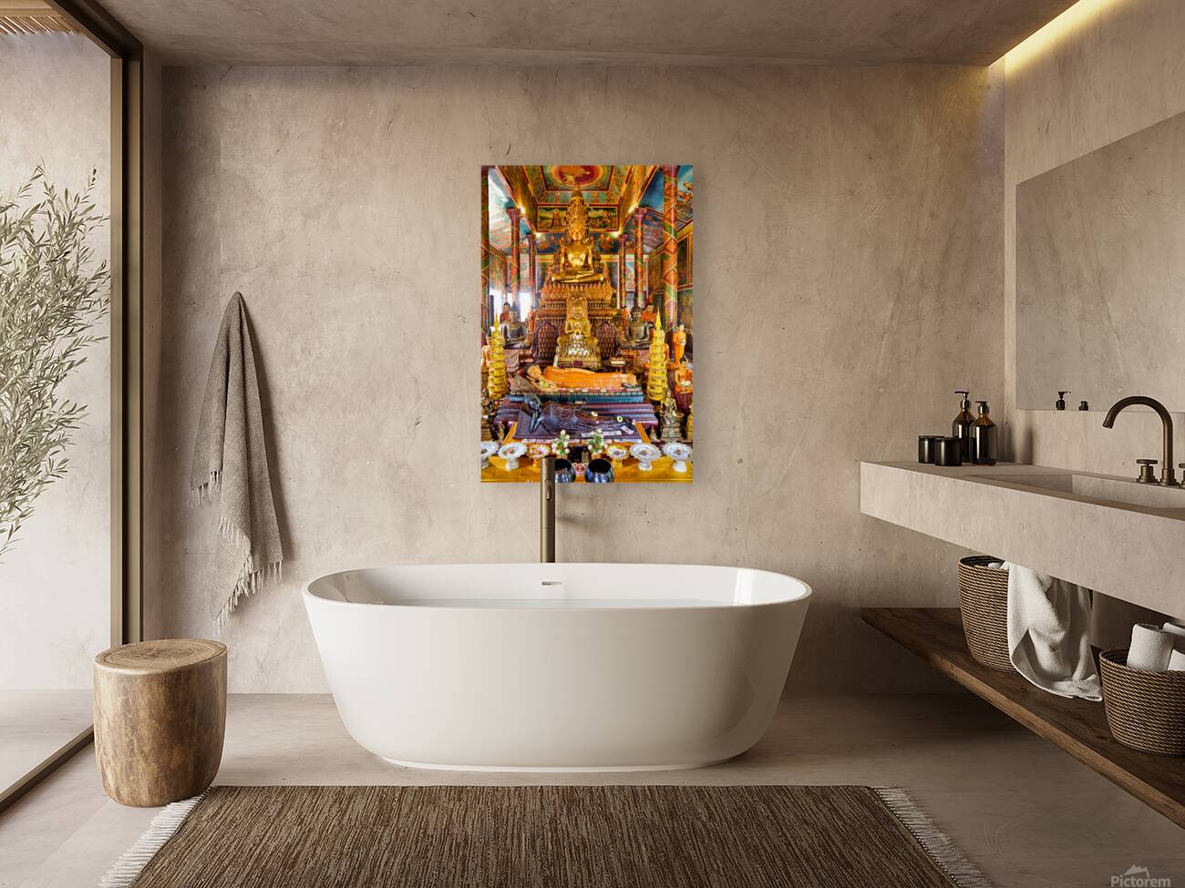 Golden Buddha statues and offerings in an ornate temple. Reproduction