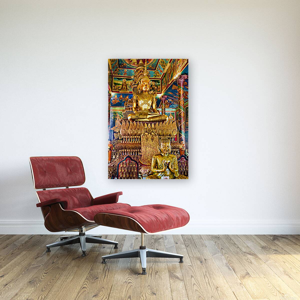 Ornate golden Buddha statue in a richly decorated temple. Reproduction