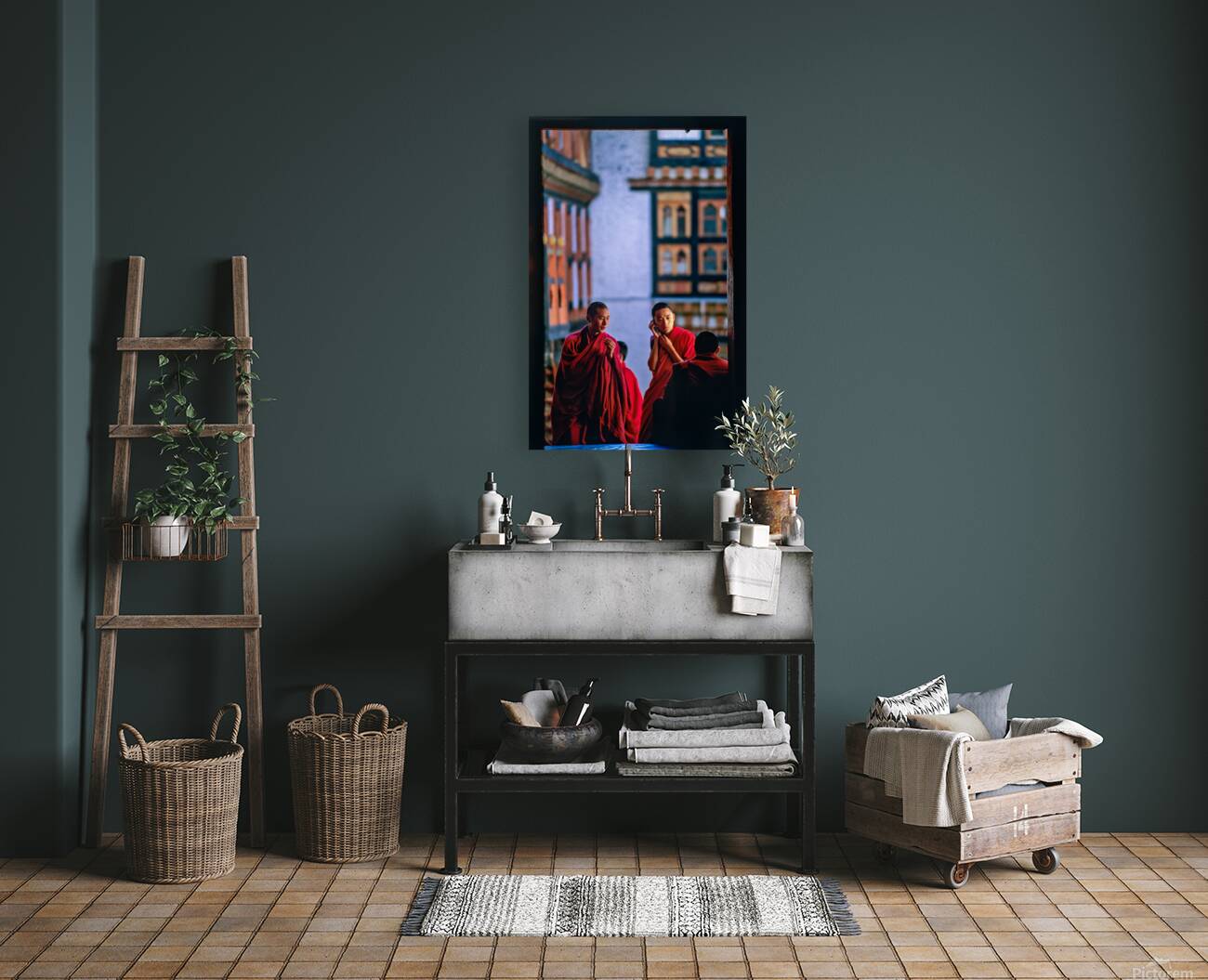 Bhutanese monks using a mobile phone. Reproduction