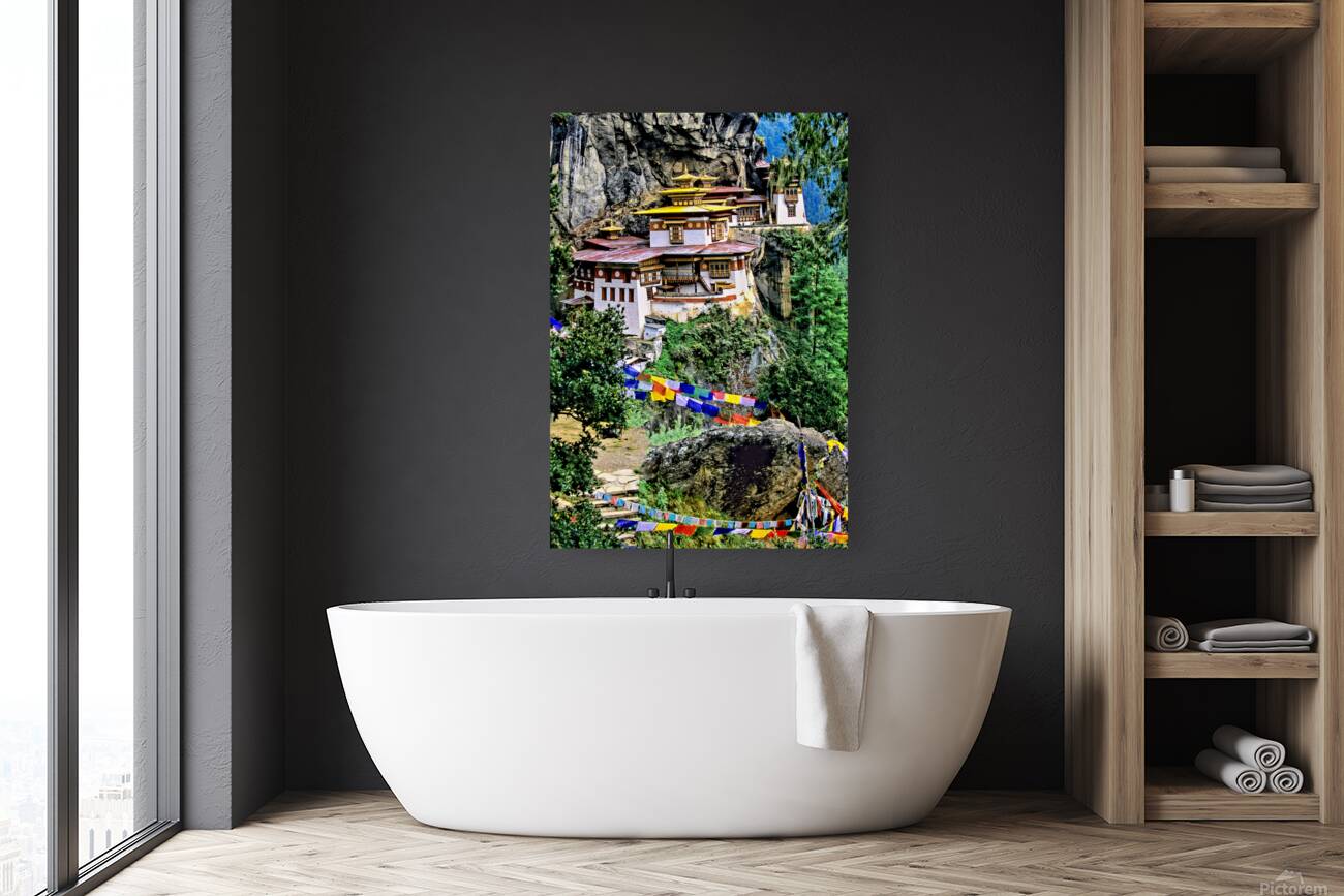 Iconic Bhutanese monastery on a cliff surrounded by prayer flag Reproduction