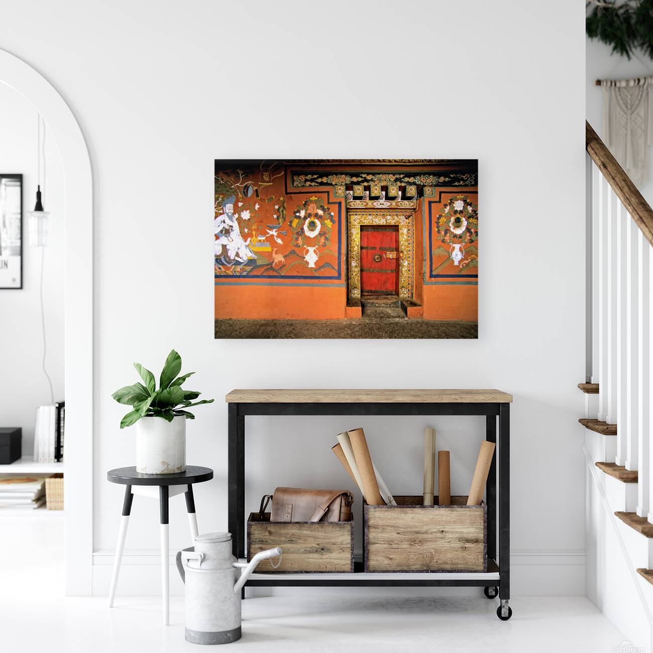 Vibrant wall murals and an ornate red door. Reproduction