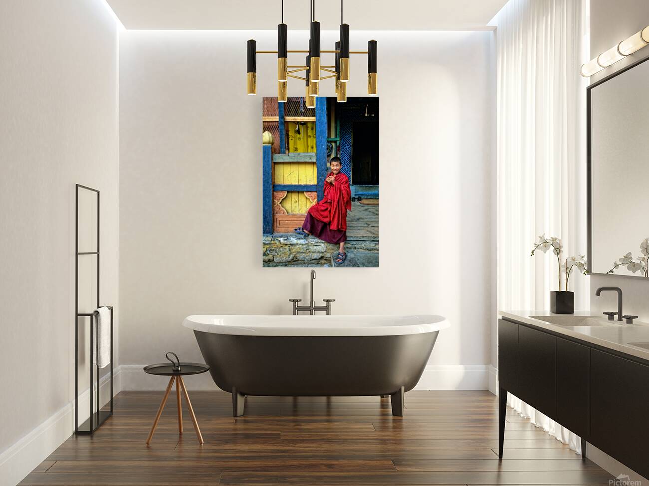 Smiling young monk in red robes at colorful traditional building Reproduction