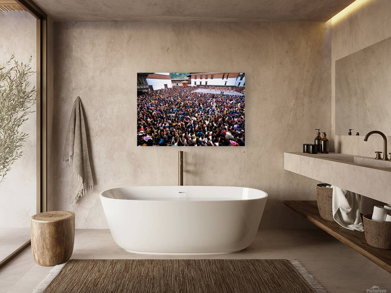 Bhutanese festival: crowd watches traditional dance in monastery Reproduction