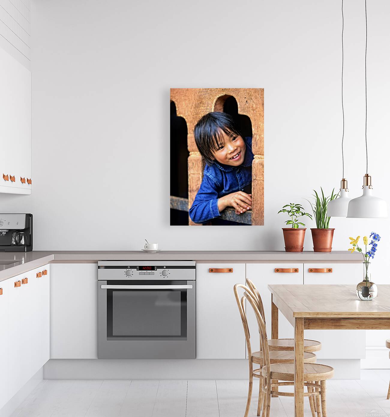 Smiling child peeking from a wooden window. Reproduction