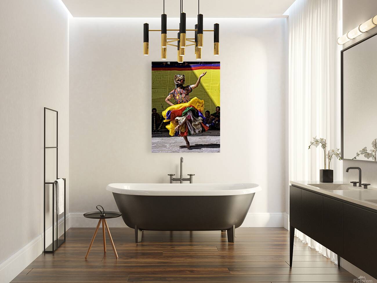 Vibrant masked dancer performs traditional dance. Reproduction