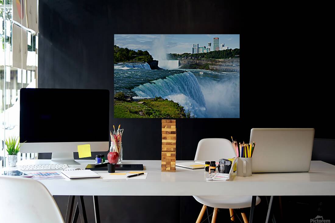 Niagara Falls with city skyline and boat. Reproduction