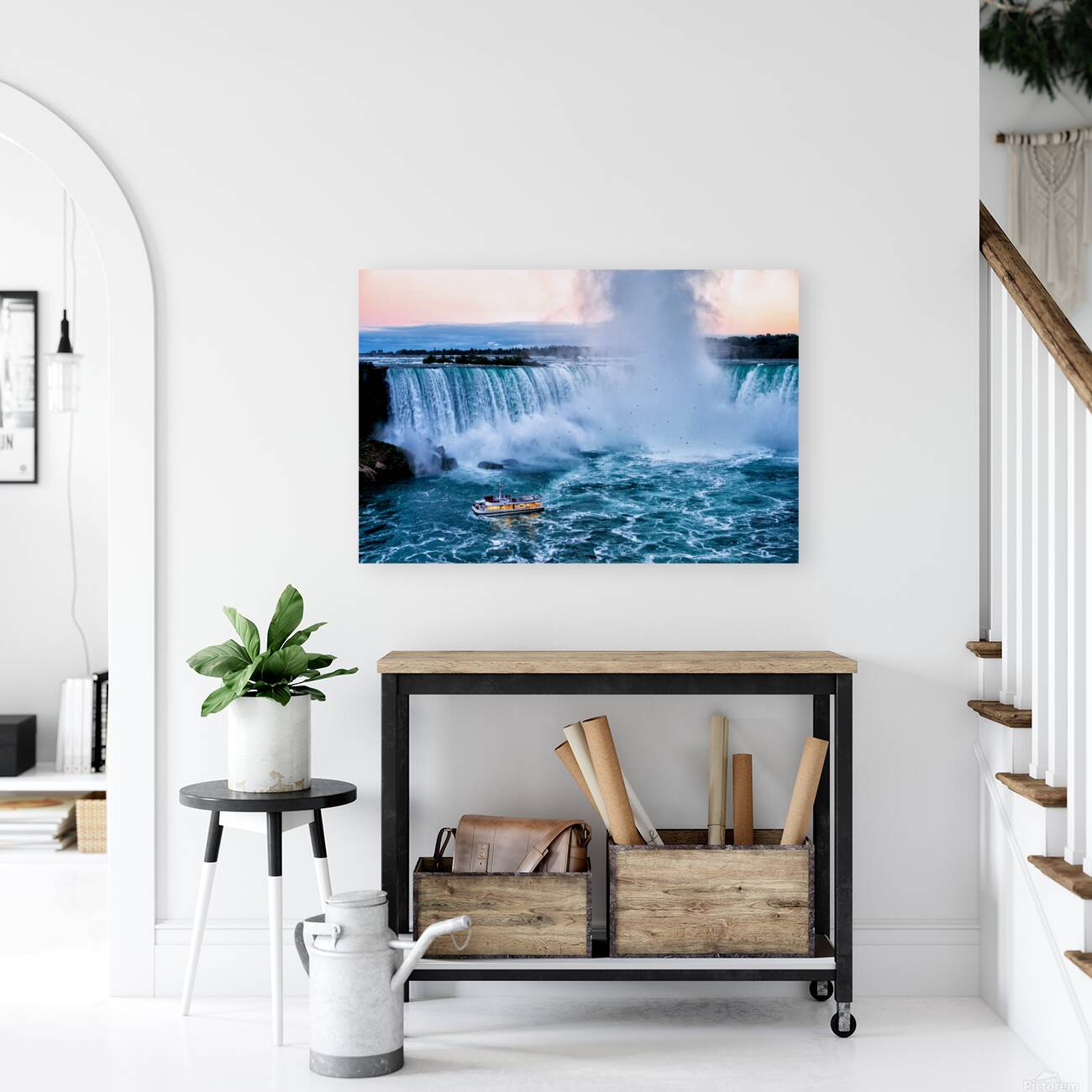 Hornblower boat approaches powerful Niagara Falls. Reproduction