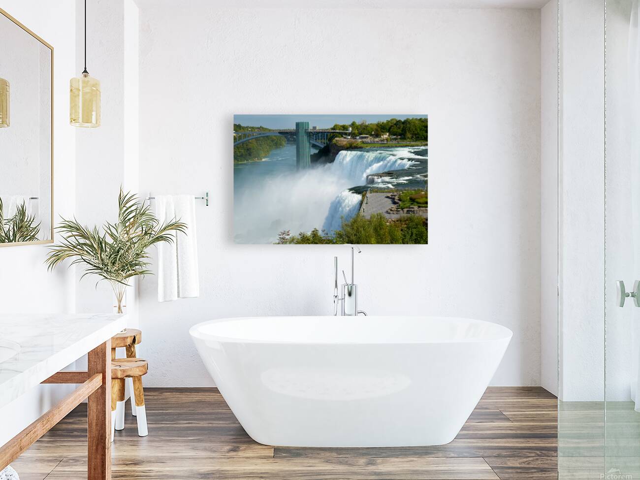 Niagara Falls bridge and observation deck on a sunny day. Reproduction