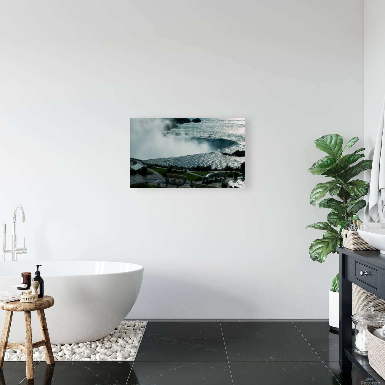 Niagara Falls with powerful water mist and surrounding park. Reproduction