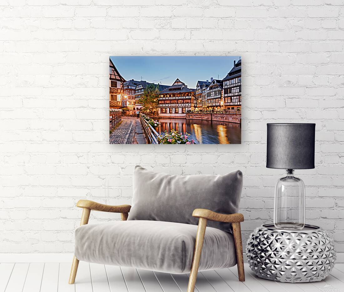 Evening in Petit France with timber framed houses by water Reproduction