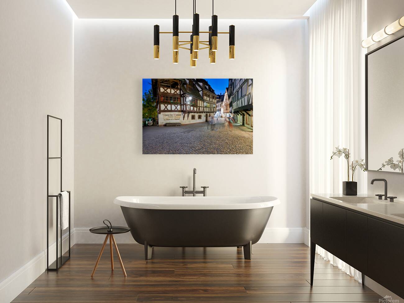 Colorful timber houses and people walking in Strasbourg at night Reproduction