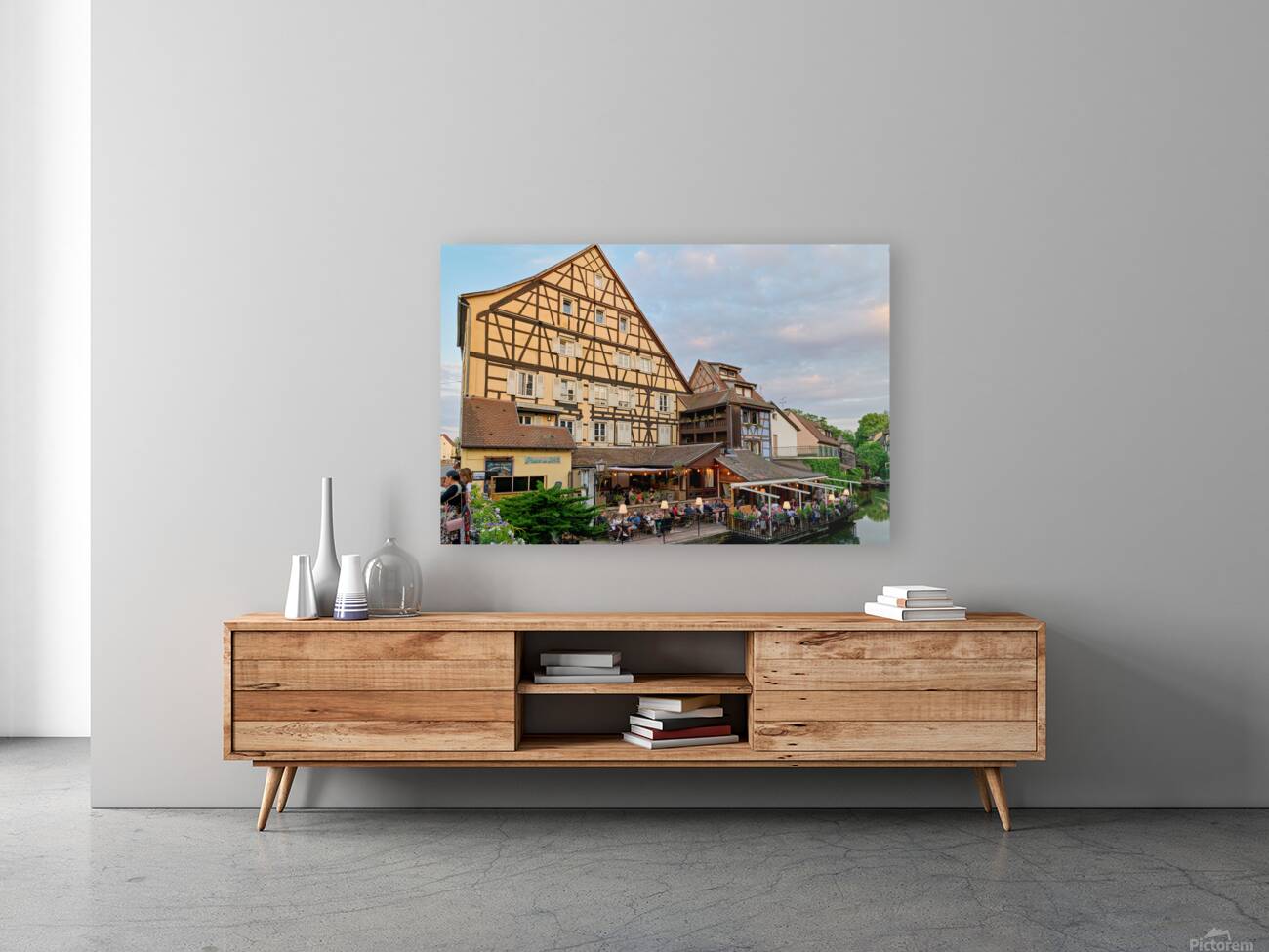 Dining by the canal in Colmar with timber framed houses in view Reproduction