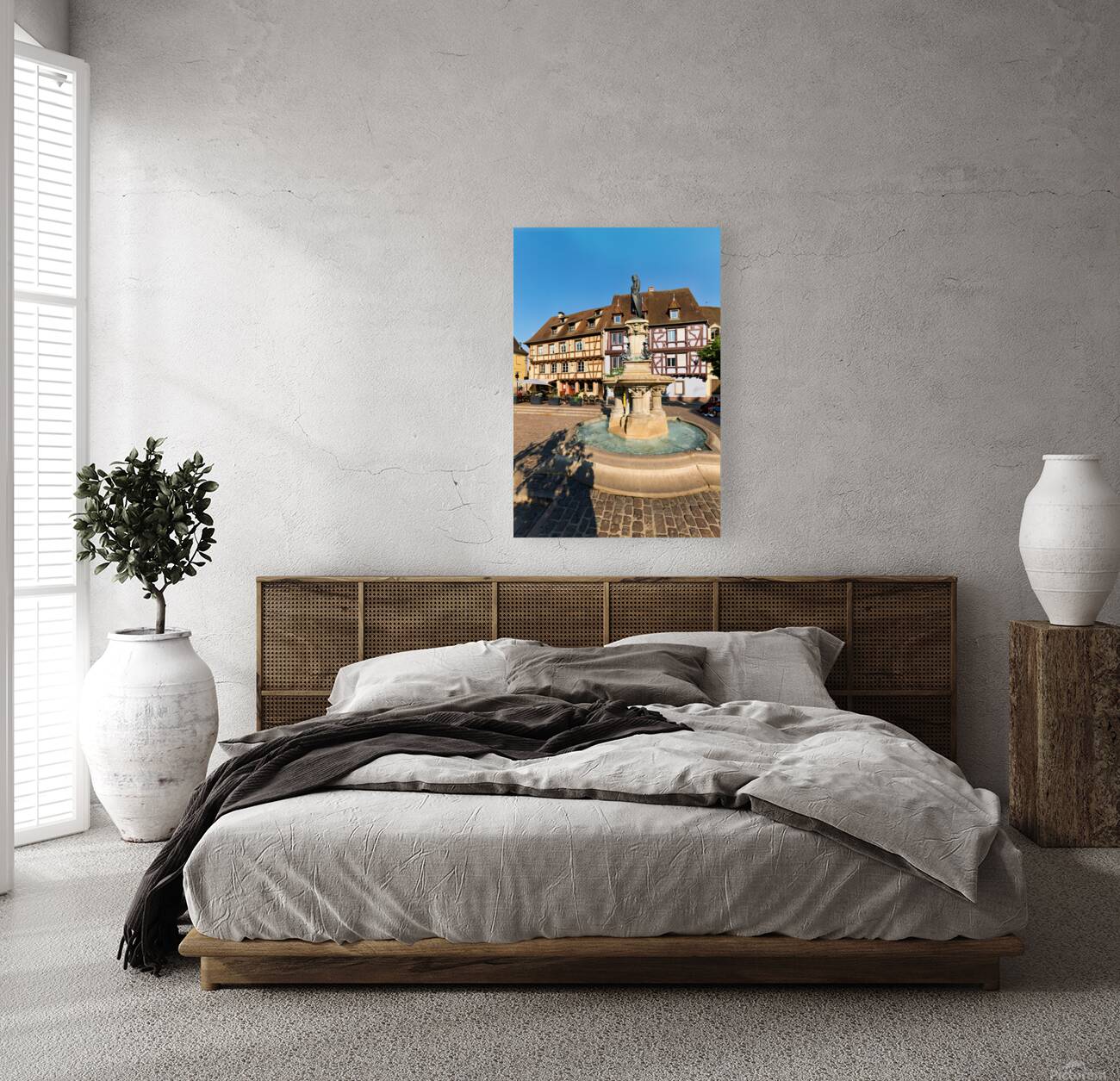 Timber framed houses and fountain in Petite Venise Colmar France Reproduction