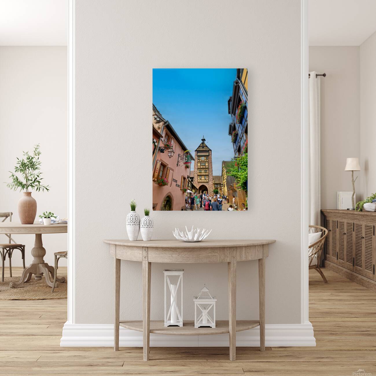 Tourists stroll through historic streets in Riquewihr Alsace Reproduction