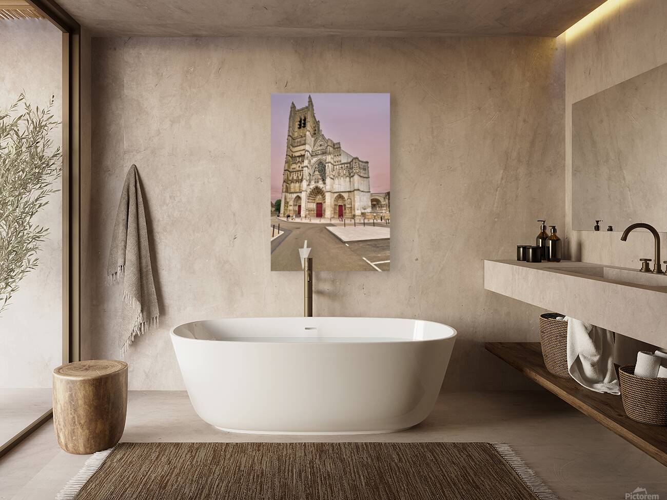 People walk near Auxerre Cathedral Saint Etienne Reproduction