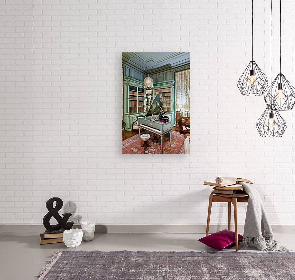 Chateau de Cheverny interior with piano and bookshelves Reproduction