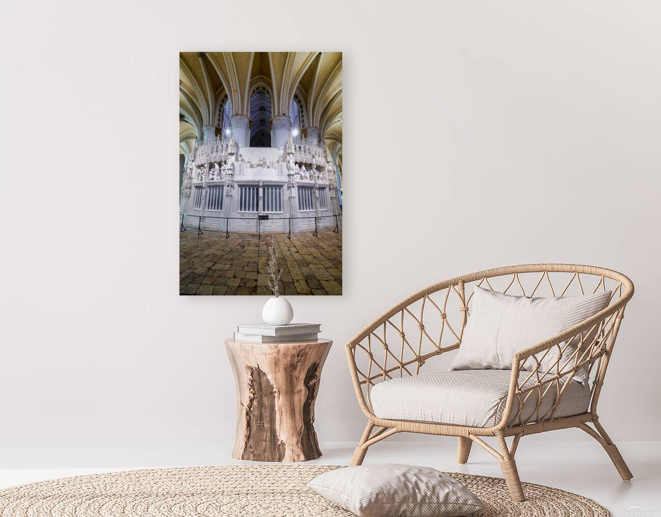 Chartres Cathedral interior with detailed white altar and sculpt Reproduction