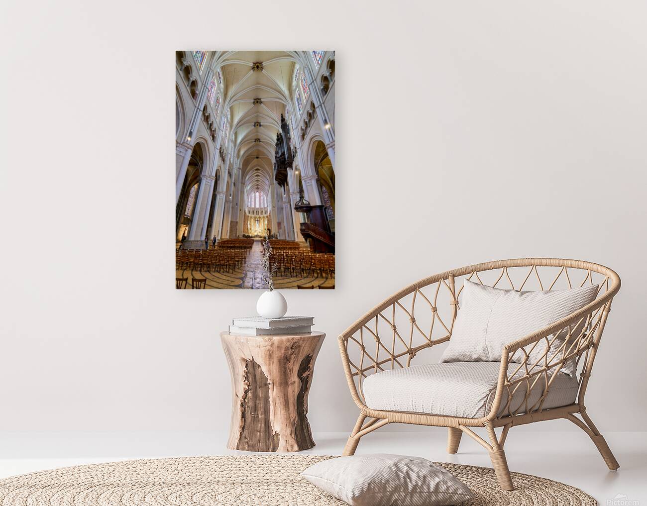 Chartres Cathedral inside with tall arches and wooden chairs Reproduction