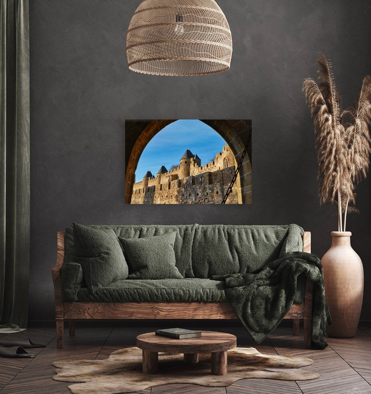 Exploring the historic walls of Carcassonne in France under blue Reproduction