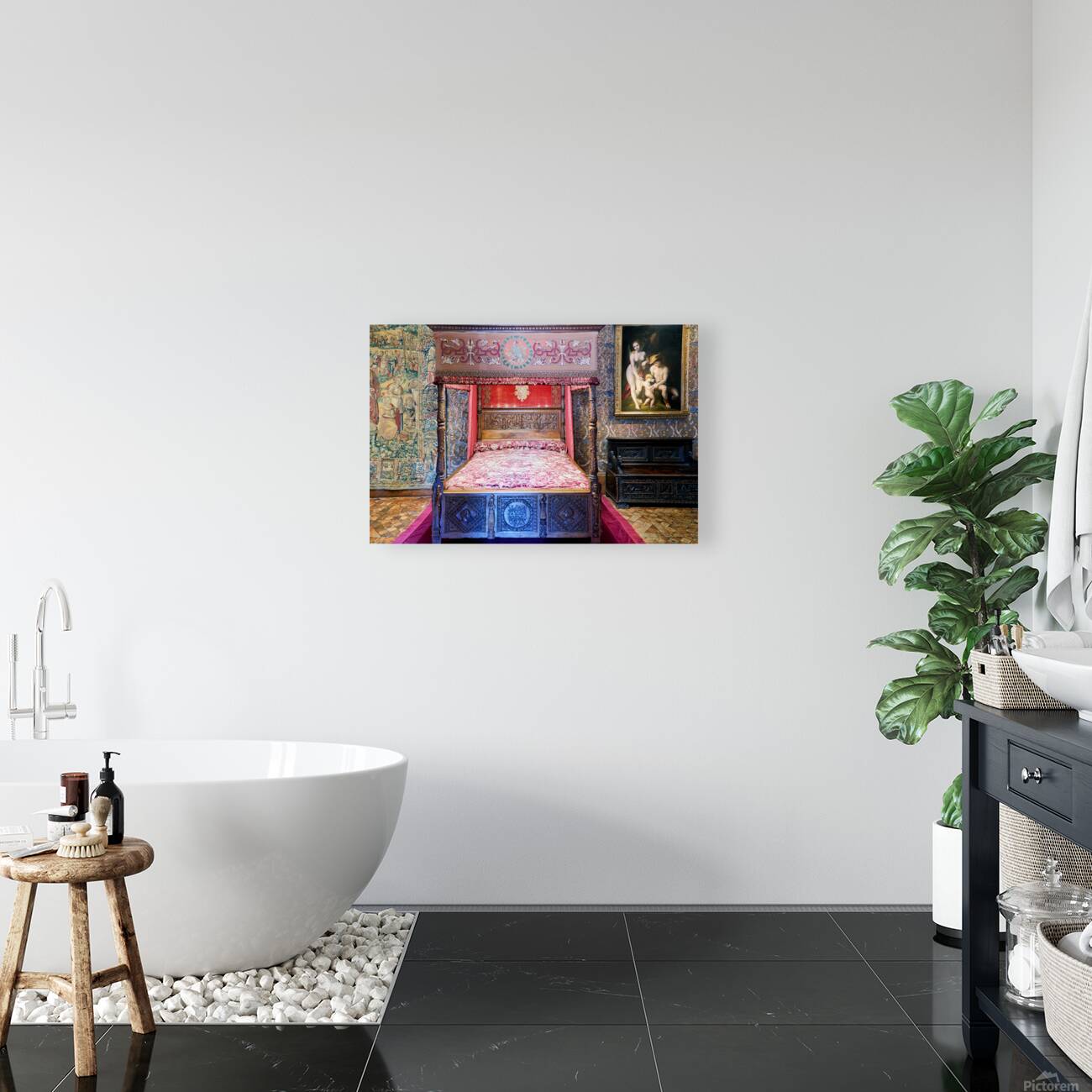 Historic bed in the Chateau de Chenonceau in France Reproduction