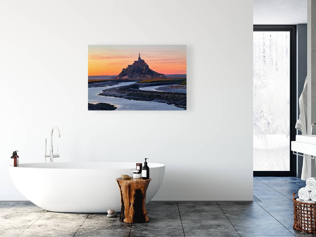 Mont Saint Michel in Normandy at dusk with river and landscape Reproduction