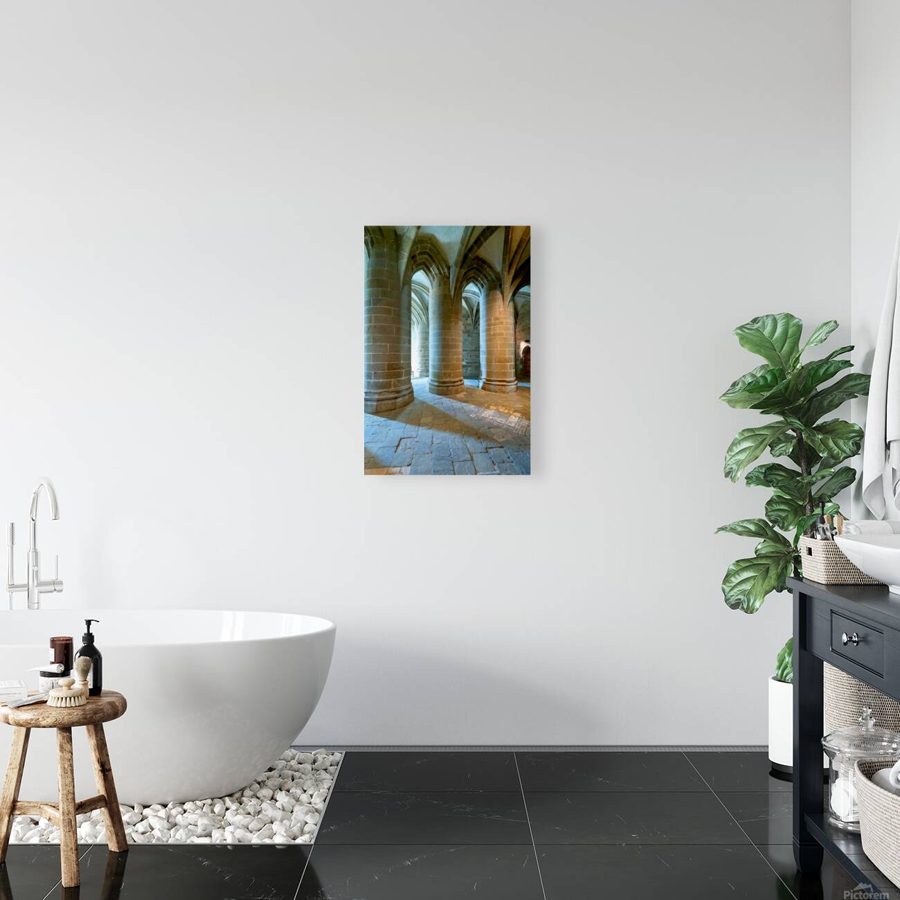 Inside Mont Saint Michel Abbey in Normandy France with stone co Reproduction