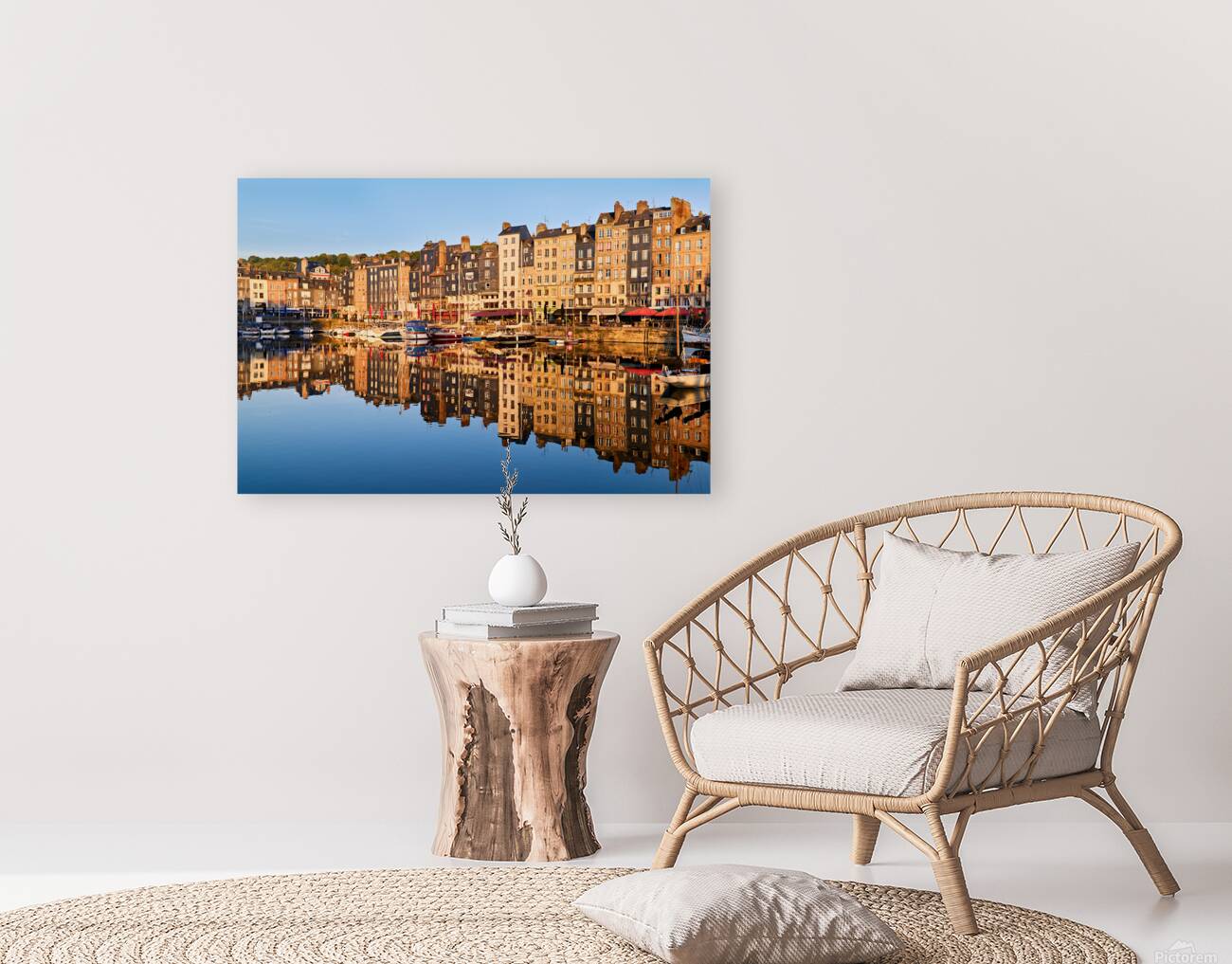 Sunrise view of Honfleur harbor in Normandy France with reflect Reproduction