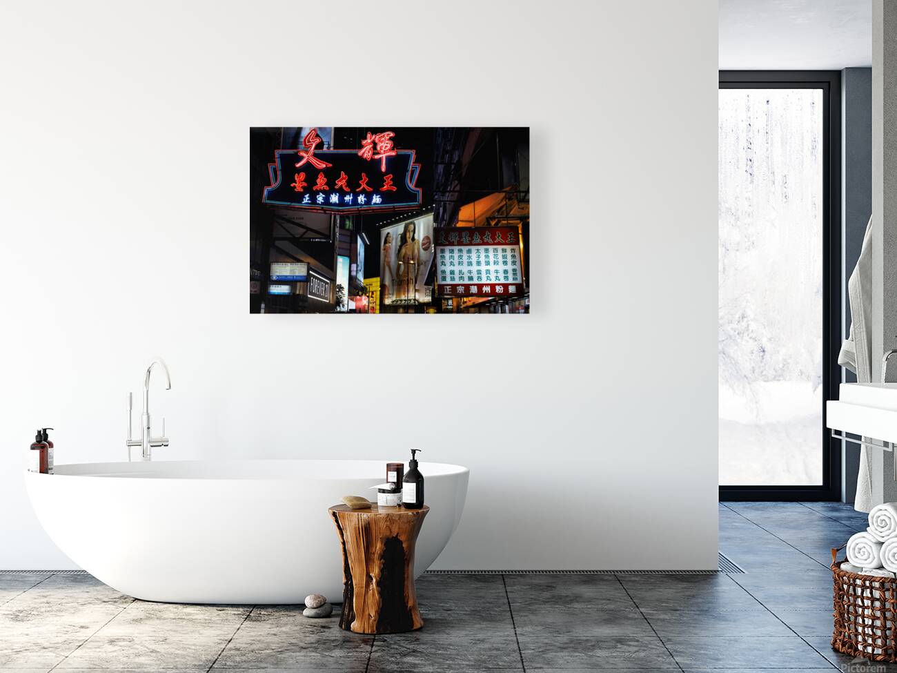 Neon signs light up a busy street in Hong Kong at night Reproduction