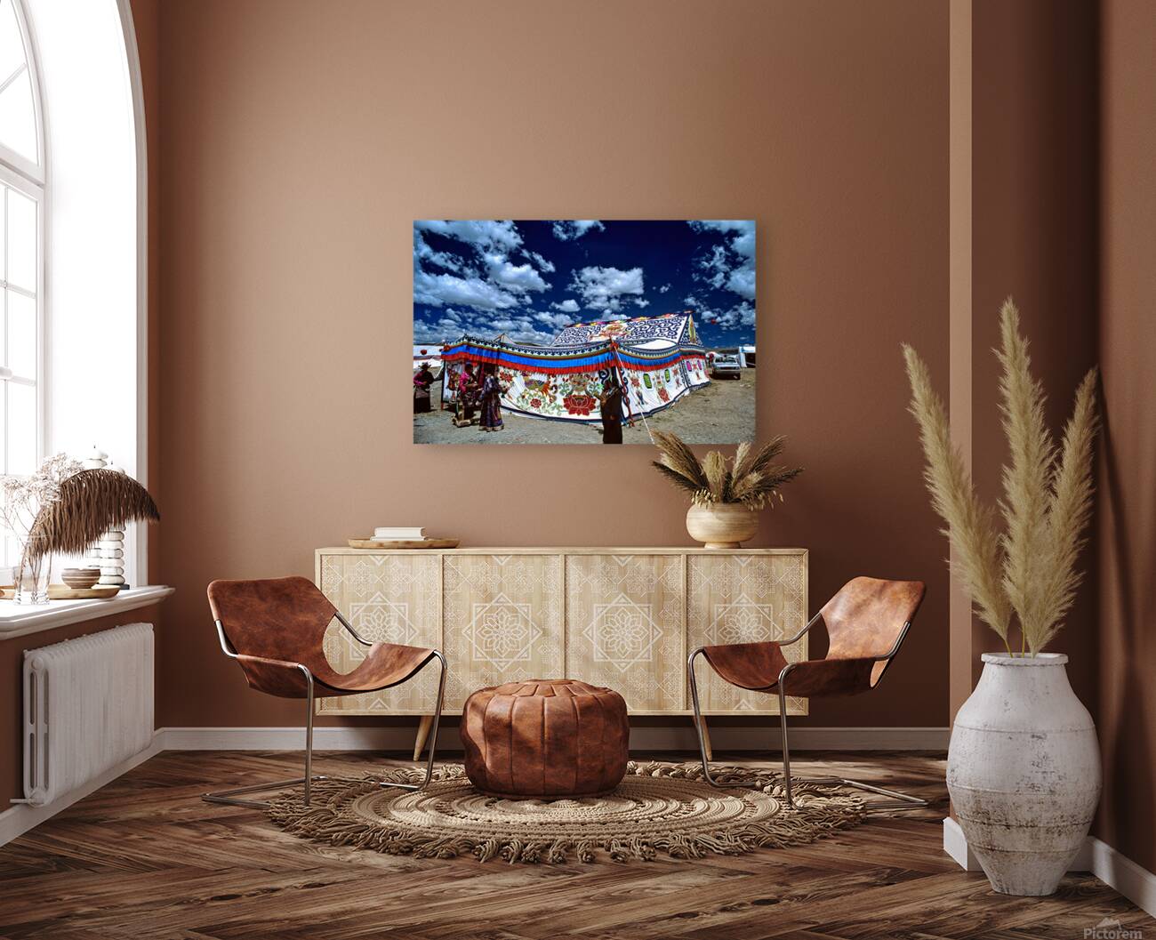 Colorful Tibetan tent with people under a cloudy sky in Tibet Reproduction