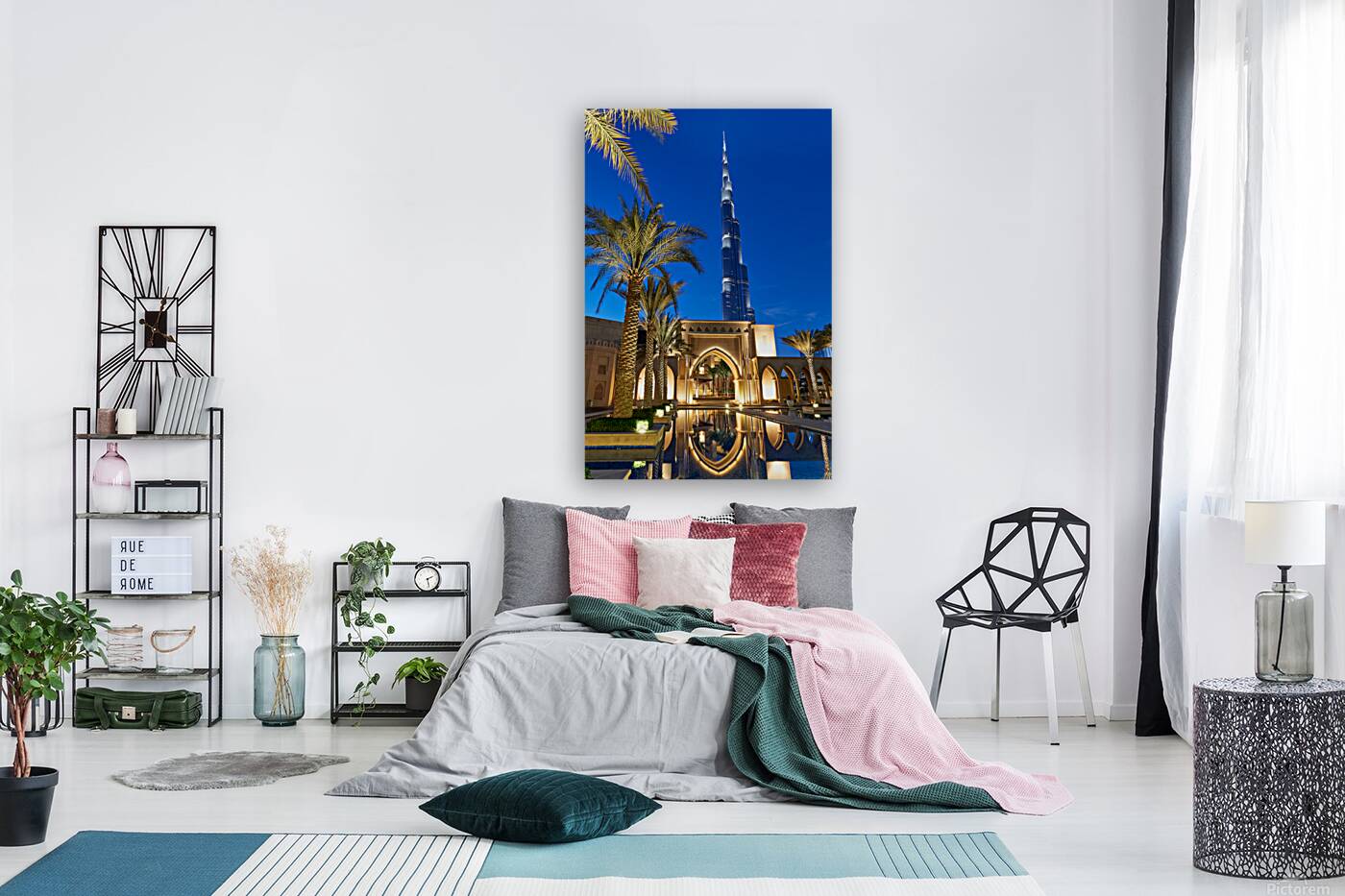 Burj Khalifa stands tall at night with light reflections in Duba Reproduction