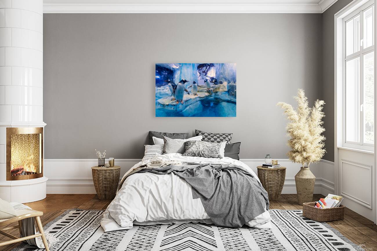 Penguins play on ice near water with a skeleton exhibit in Dubai Reproduction