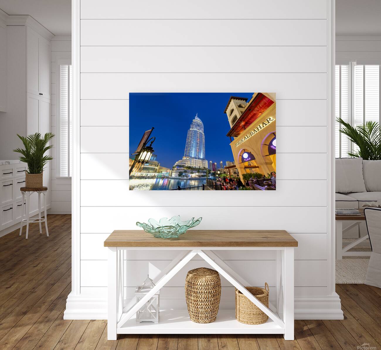 Night lights and waterfront dining in Dubai cityscape Reproduction