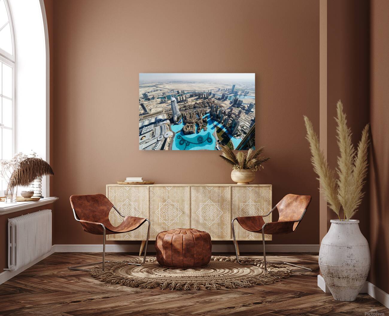 Skyline view of Dubai with skyscrapers and artificial lake Reproduction