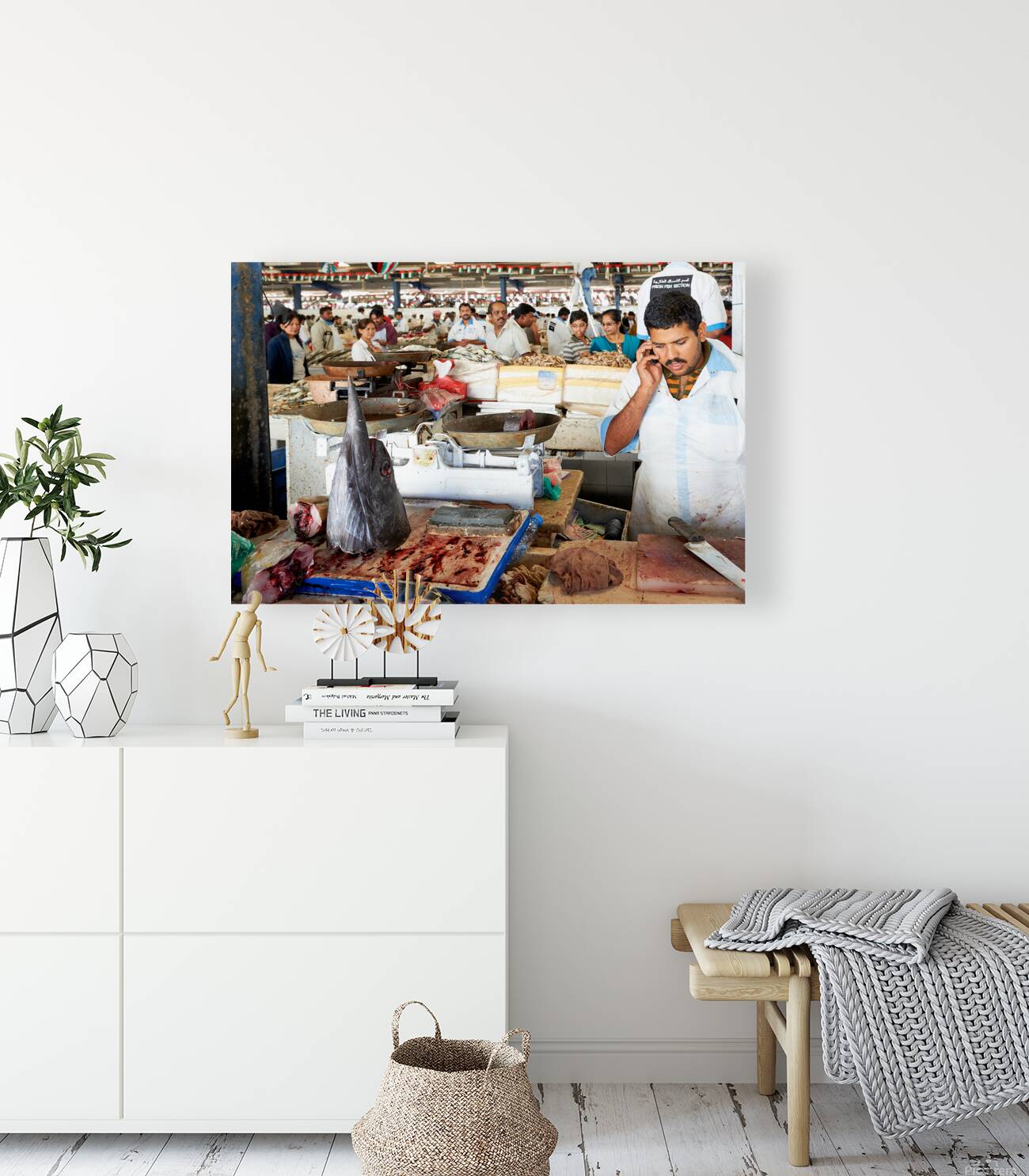 Man talks on phone at busy fish market in Dubai UAE Reproduction