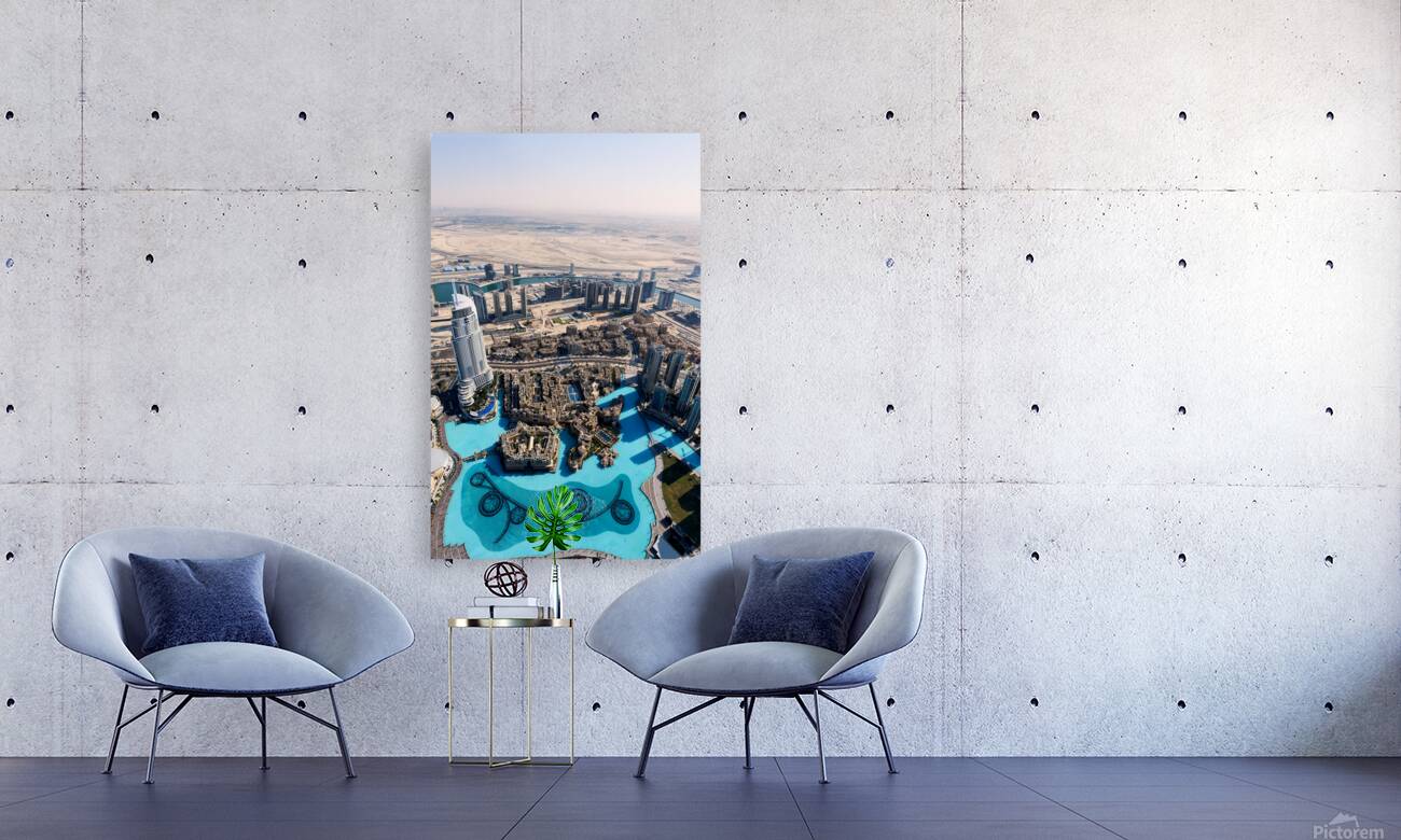 Dubai cityscape shows buildings water and desert from above Reproduction