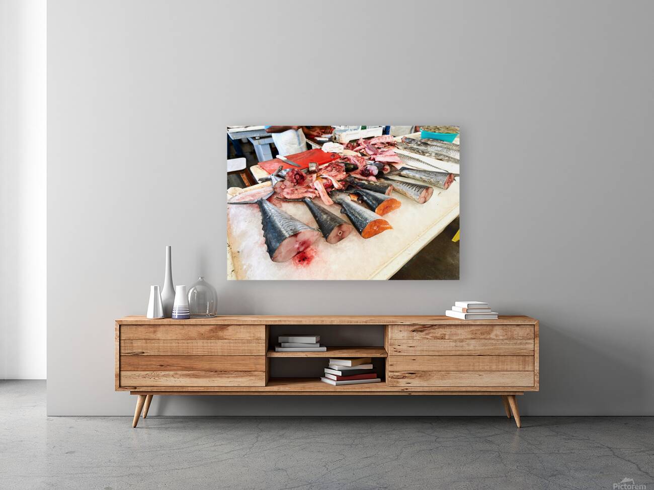 Fresh fish and seafood displayed on ice in Dubai market Reproduction