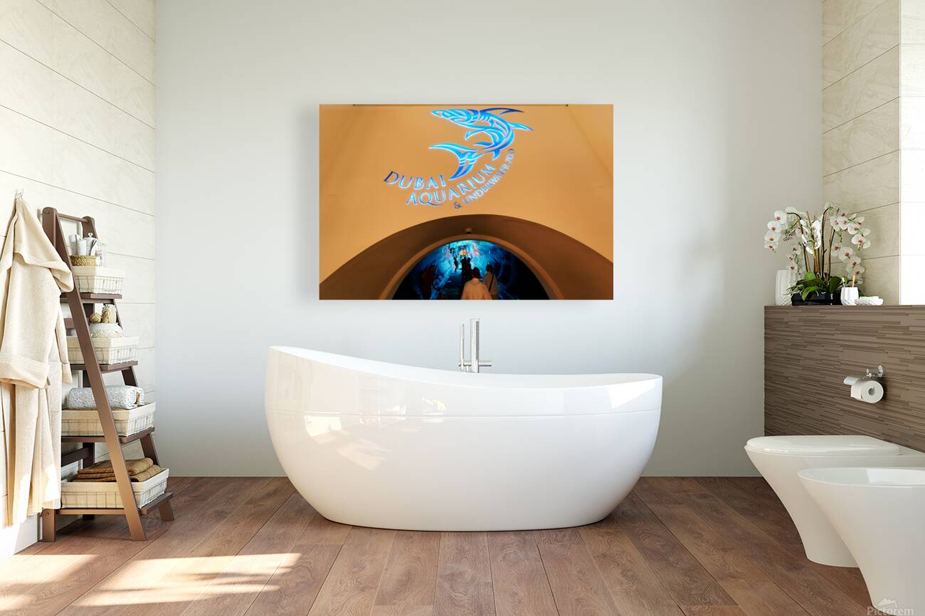 Entrance to Dubai Aquarium Underwater Zoo with glowing shark sig Reproduction