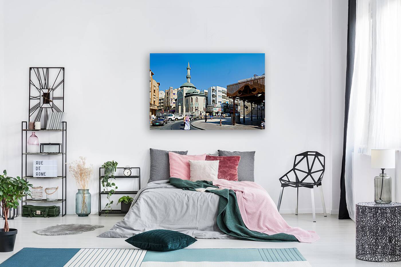 Middle Eastern street scene with mosque and market in Dubai UAE Reproduction