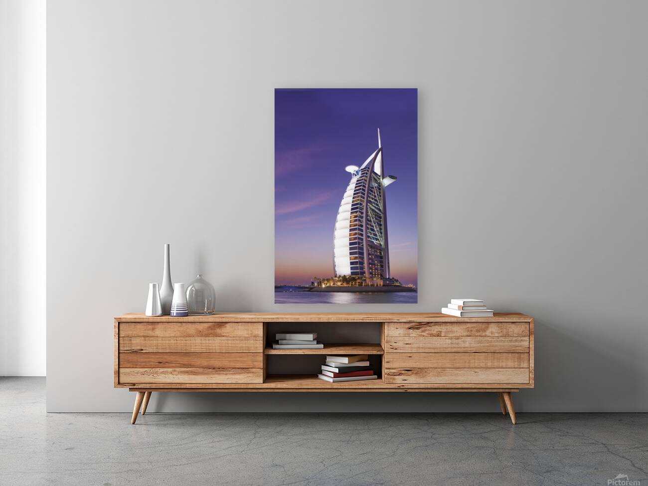 Burj Al Arab hotel illuminated at dusk in Dubai UAE Reproduction