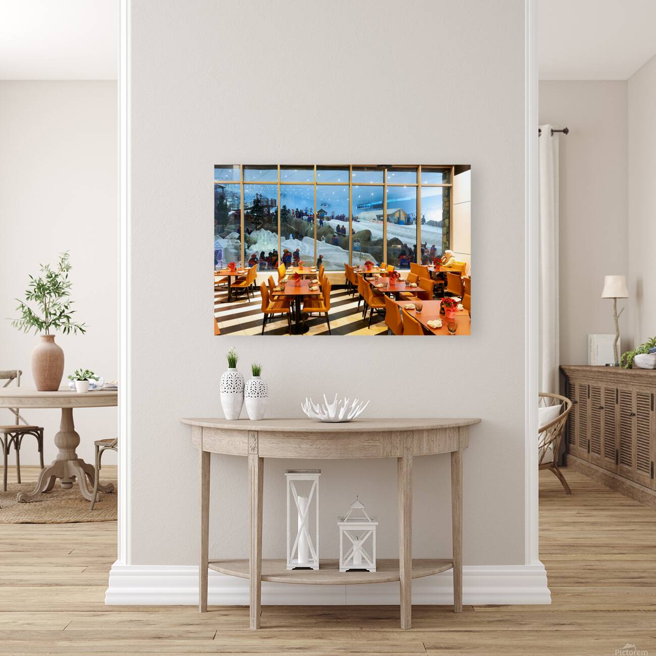 Restaurant offers view of snow activities at indoor park in Duba Reproduction