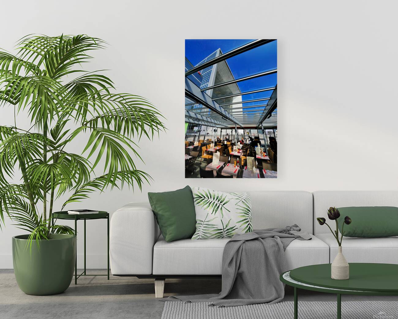Dining area in Paris with modern building under clear sky Reproduction