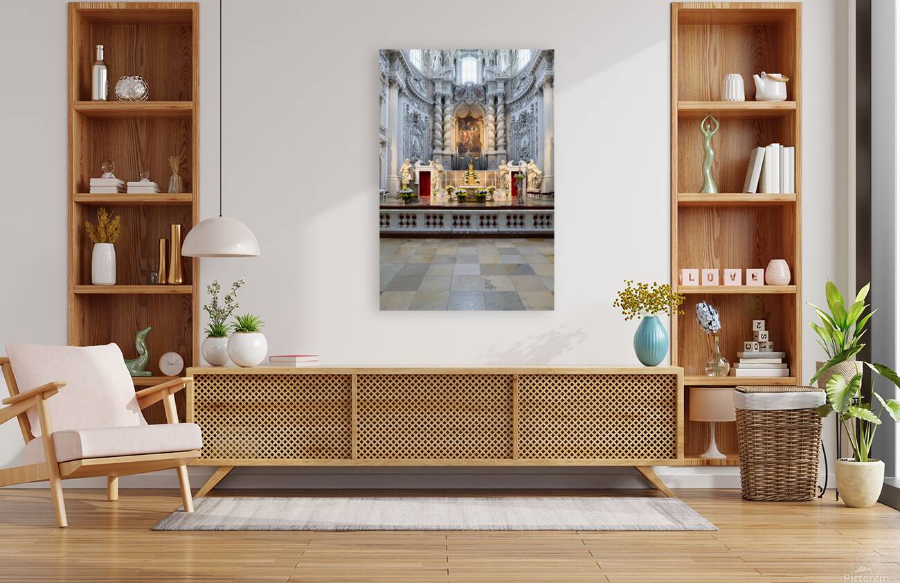 Interior view of Theatinerkirche in Munich with altar and sculpt Reproduction