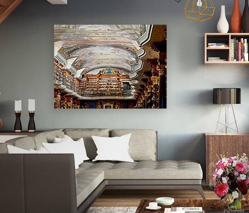 Grand baroque library with painted ceilings and countless books. Reproduction