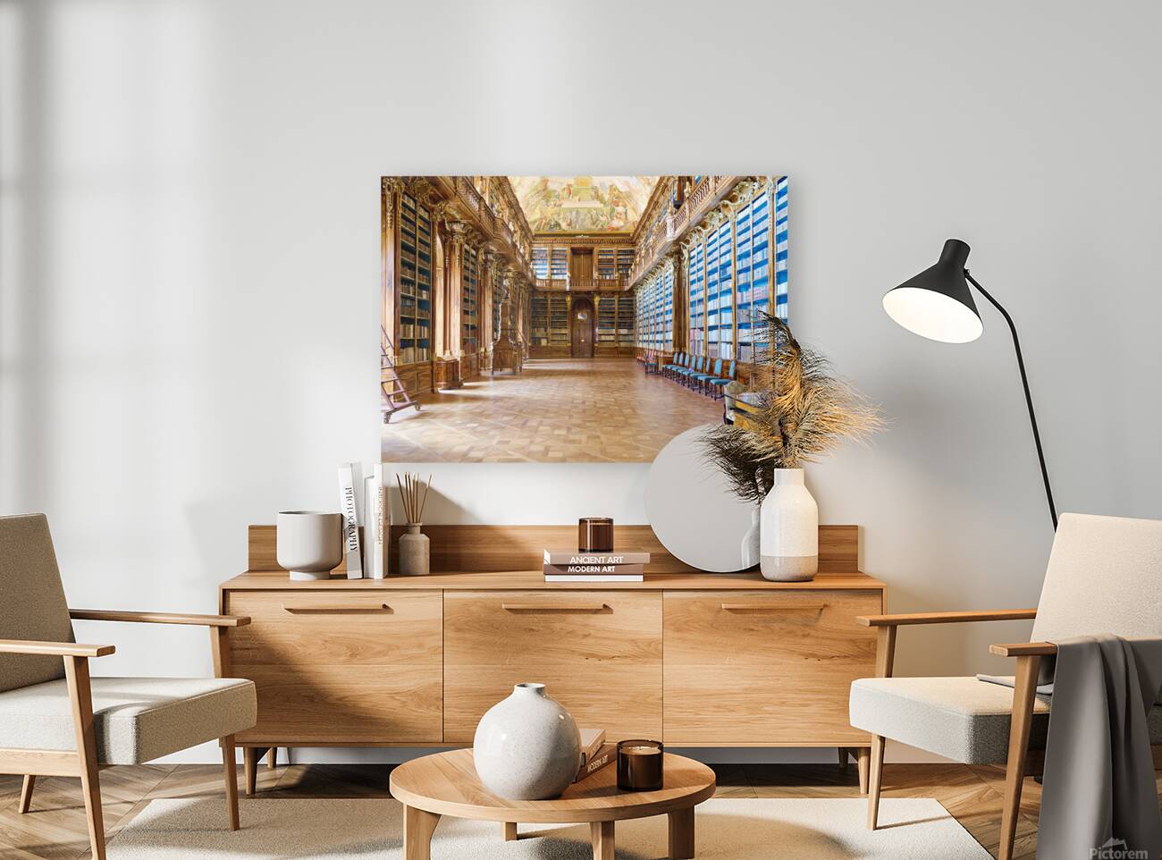 Magnificent baroque library filled with books and ceiling fresco Reproduction