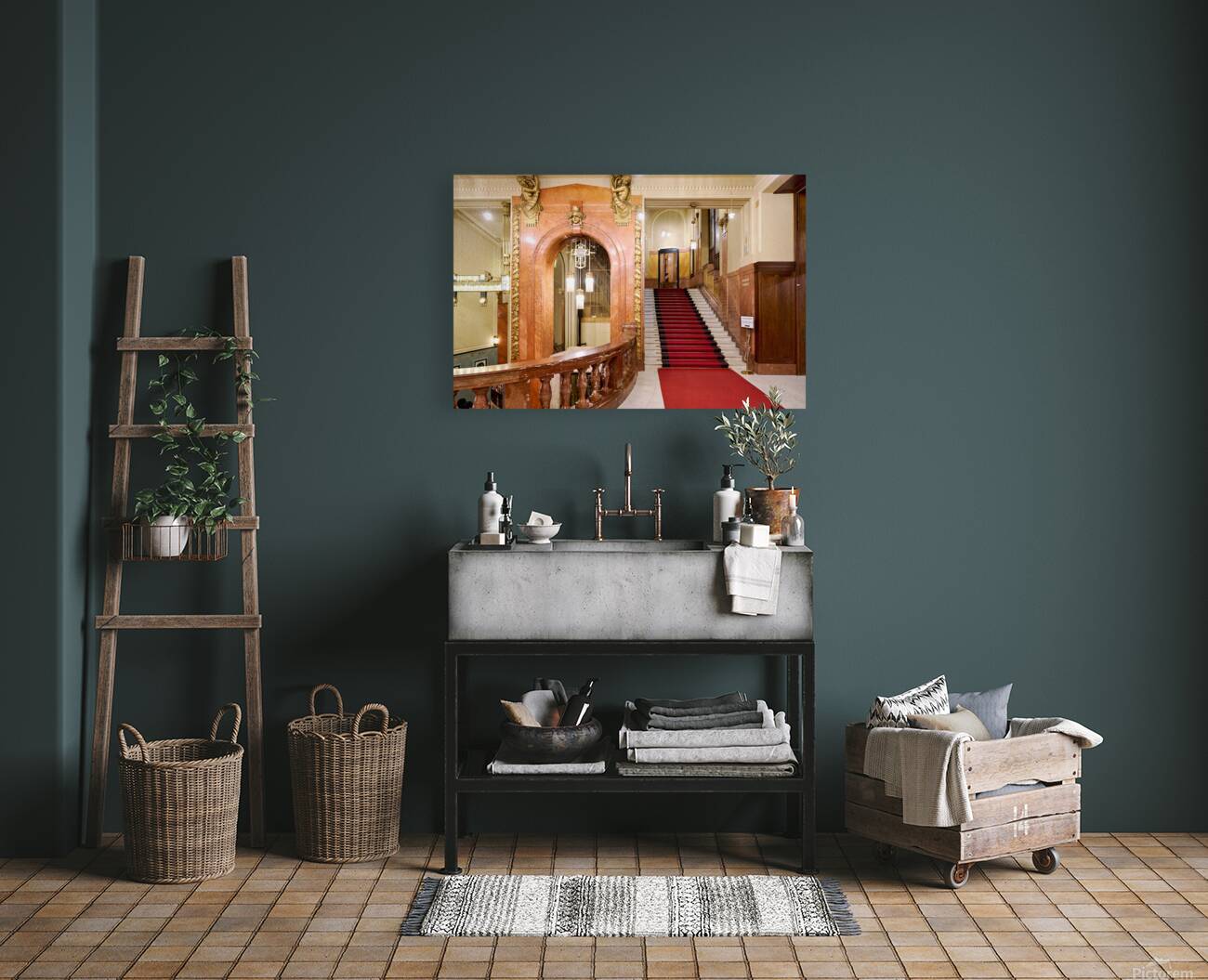 Elegant interior with red carpeted staircase and ornate gold det Reproduction