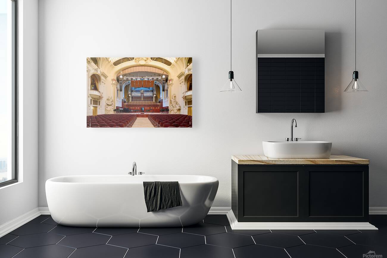 Grand concert hall with organ and empty seats. Reproduction