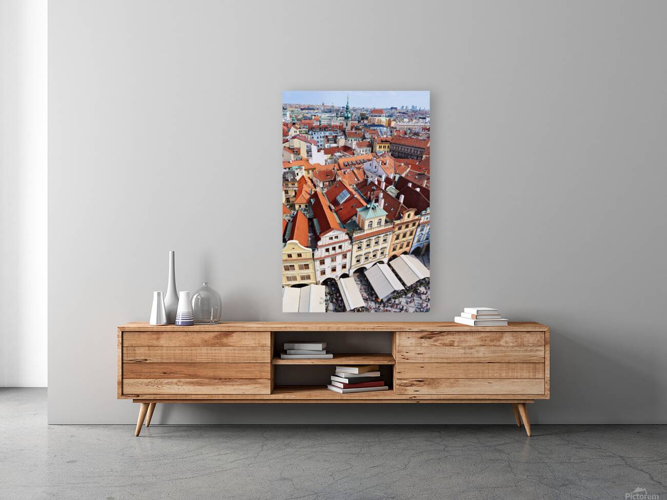 Aerial view of Pragues historic red roofed cityscape and bustli Reproduction