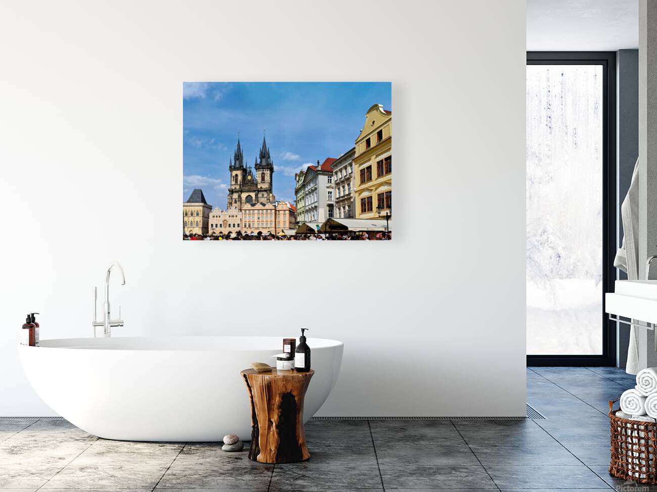 Crowded Prague Old Town Square with Týn Church. Reproduction