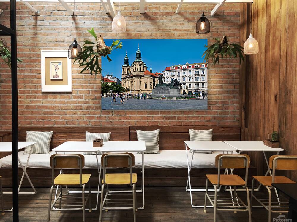 Pragues Old Town Square with St. Nicholas Church and Jan Hus Mo Reproduction