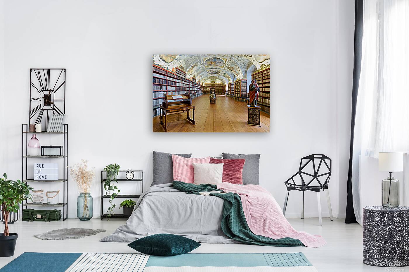 Vast ornate library with countless books painted ceiling and  Reproduction